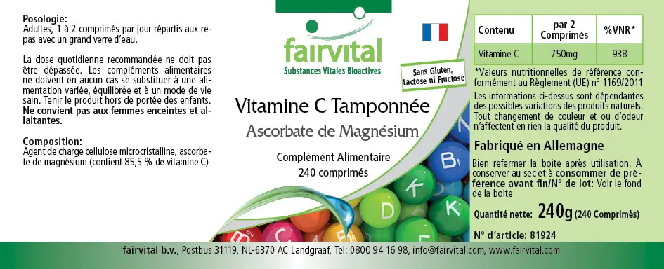 Gepuffertes Vitamin C als Magnesiumascorbat - 240 Tabletten - für Immunsystem, Kollagenbildung uvm. | Fairvital