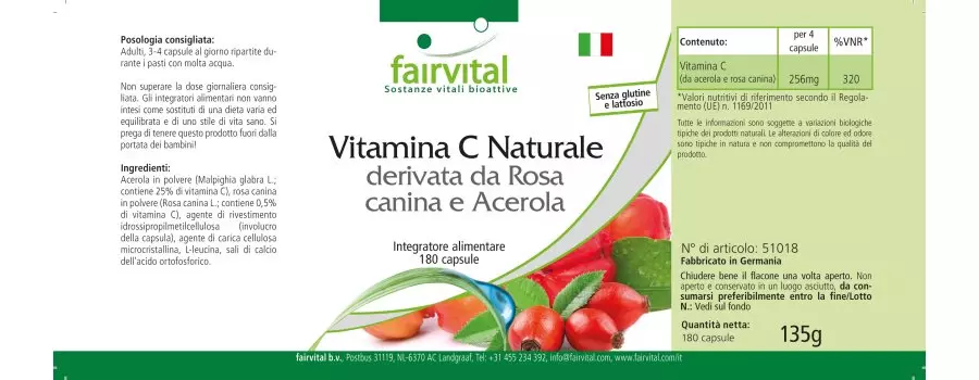 Natürliches Vitamin C aus Hagebutten und Acerola - 180 Kapseln - für Immunsystem uvm. - Vegan | Fairvital