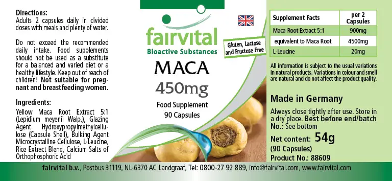 MACA 450mg - 90 Kapseln - 4-fach konzentrierter Wurzelextrakt - Hochdosiert und Vegan | Fairvital MACA 450mg - 90 Kapseln - 4-fach konzentrierter Wurzelextrakt - Hochdosiert und Vegan | Fairvital