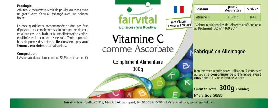 Vitamin C als Ascorbat - 300g Pulver - für Immunsystem, Kollagenbildung uvm. - Vegan | Fairvital