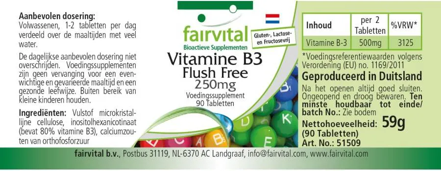 Vitamin B3 Flush Free 250mg - 90 Tabletten - für Stoffwechsel, Haut, Nervensystem uvm. - Vegan | Fairvital