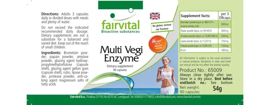 Multi Vegi Enzyme - 90 Kapseln - 100% pflanzlicher Enzymkomplex mit Bromelain, Papain, Lipase, Rutin - Vegan | Fairvital