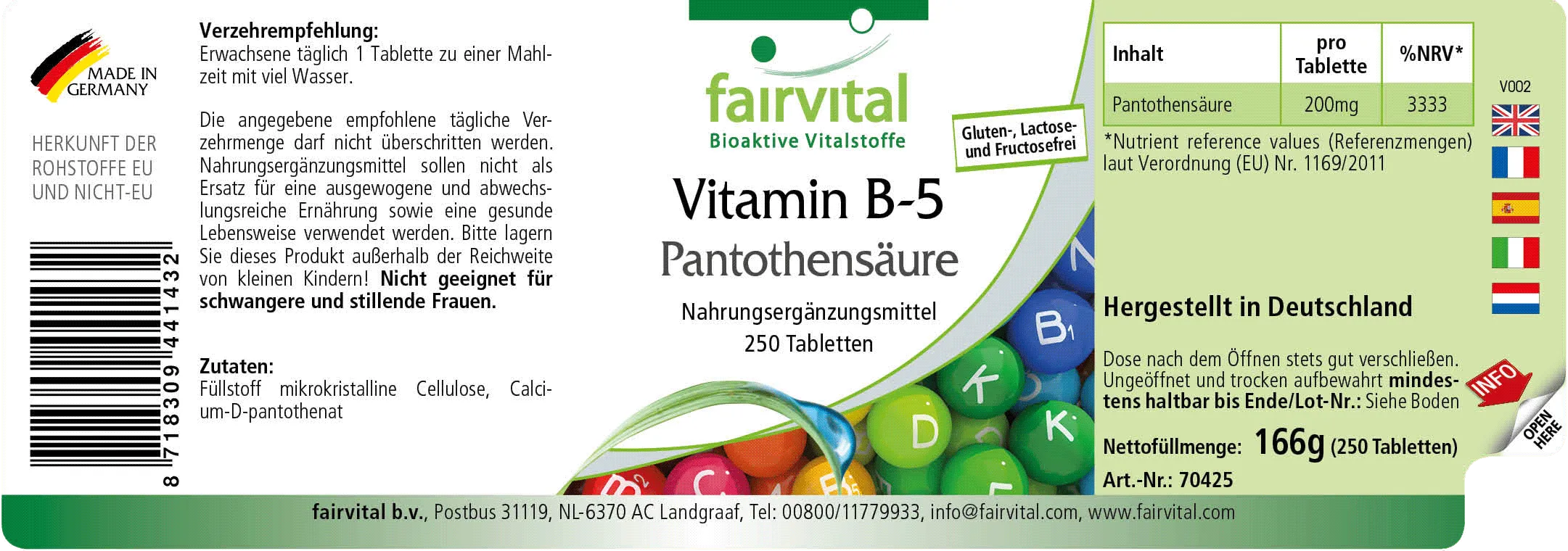 Vitamin B-5 Pantothensäure 200mg - 250 Tabletten - für geistige Leistung, Energiestoffwechsel uvm. - Vegan | Fairvital