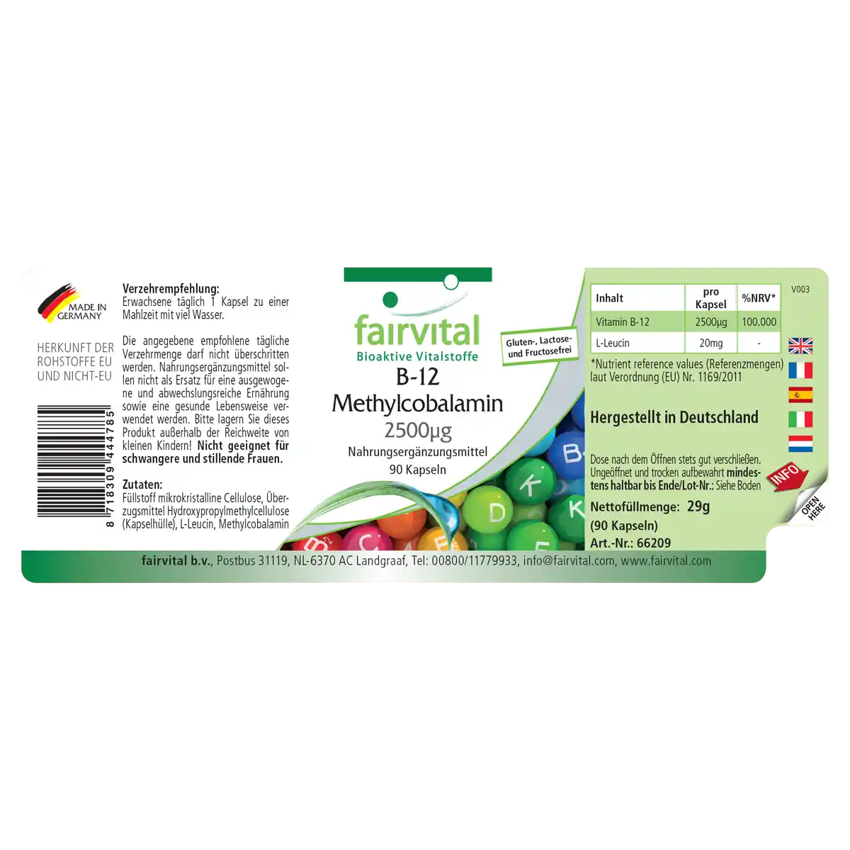 B-12 Methylcobalamin 2500µg - 90 Kapseln - mit Vitamin B12 für Immunsystem, gegen Müdigkeit - Vegan | Fairvital