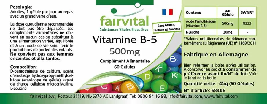 Vitamin B-5 500mg - 60 Kapseln - Pantothensäure - für geistige Leistung, gegen Müdigkeit | Fairvital