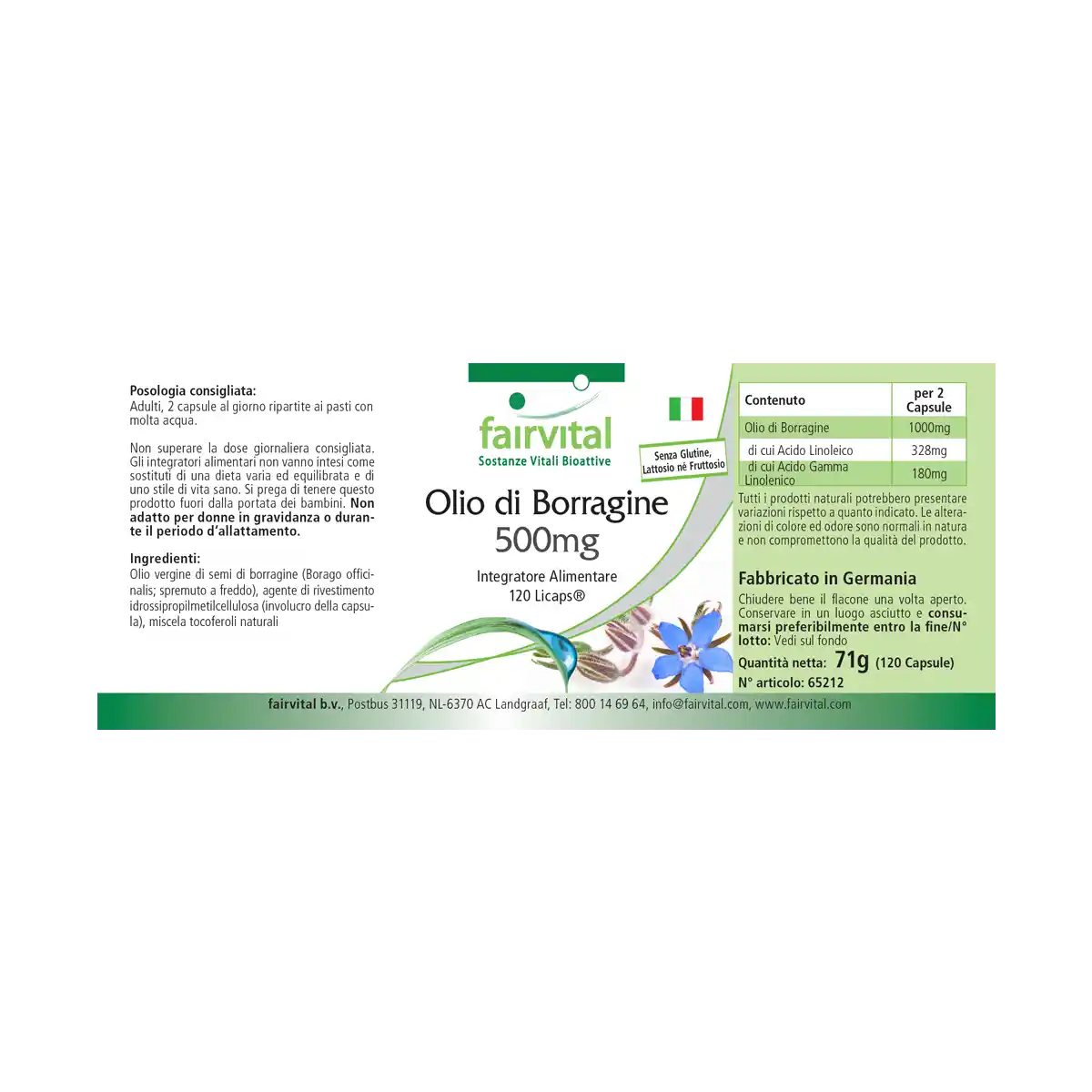Borretschöl 500mg - 120 LiCaps® - kaltgepresst - reich an Gamma-Linolensäure (Omega-6) - Vegan | Fairvital