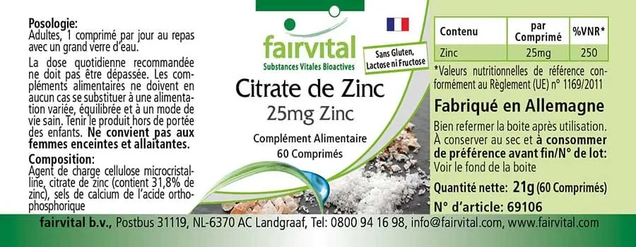 Zinkcitrat mit 25mg Zink - 60 Tabletten - für Immunsystem, Haut, Haare, Sehkraft uvm. - Vegan | Fairvital