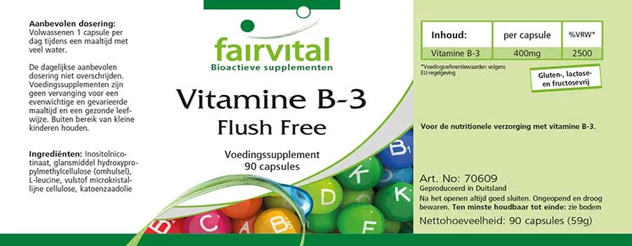 Vitamin B-3 Flush Free - 90 Kapseln - für Haut, Nervensystem, Energiestoffwechsel uvm. - Vegan | Fairvital