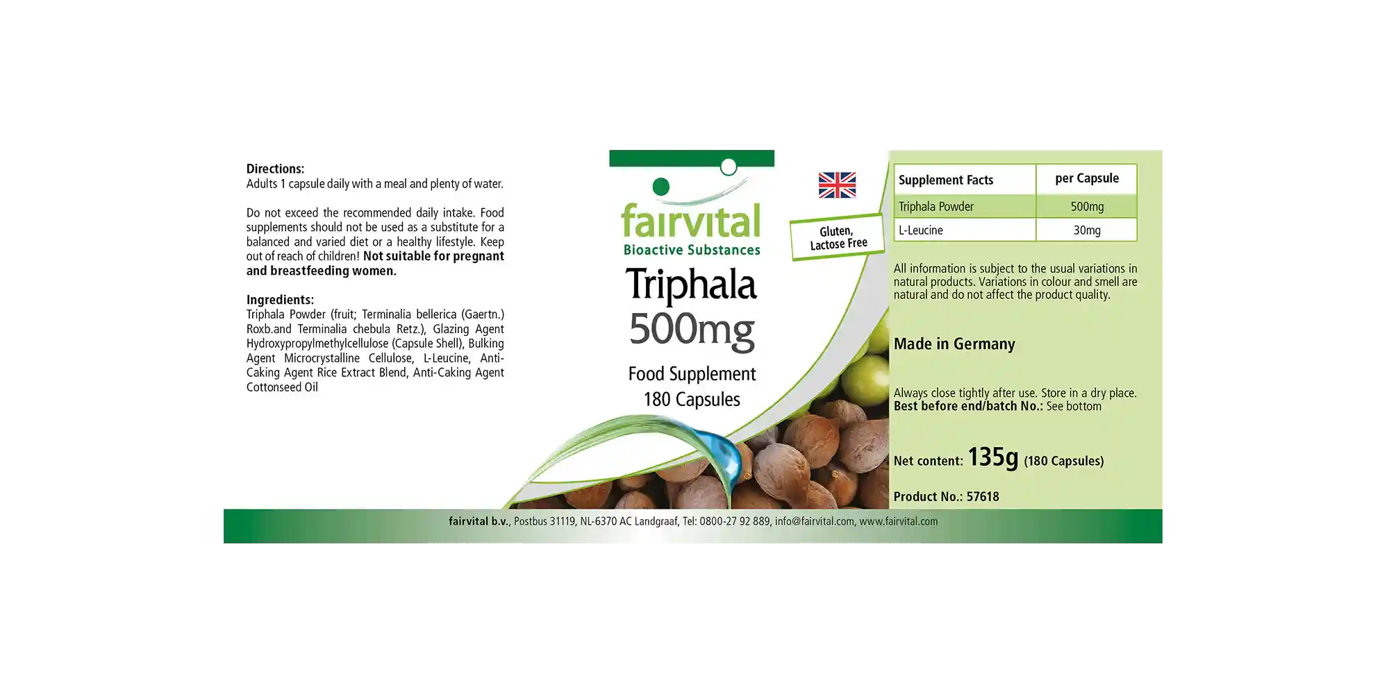 Triphala 500 mg - 180 Kapseln - Ayurvedische Dreifrucht - Amalaki, Haritaki, Bibhitaki - Vegan | Fairvital