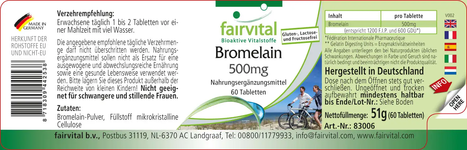 Bromelain 500mg  - 60 Tabletten - 1000mg pro Tagesdosis - 600 F.I.P. - Ananasenzym - Vegan | Fairvital