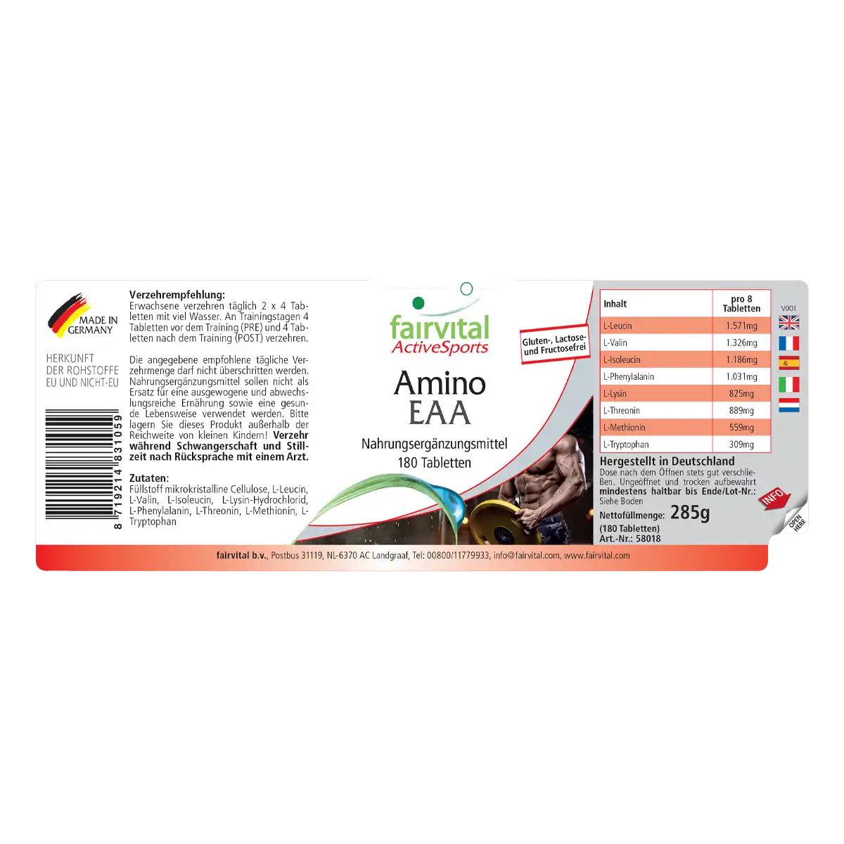 Amino EAA - 180 Tabletten - Mehr als 7500mg essenzielle Aminosäuren - Hochdosiert und Vegan | Fairvital