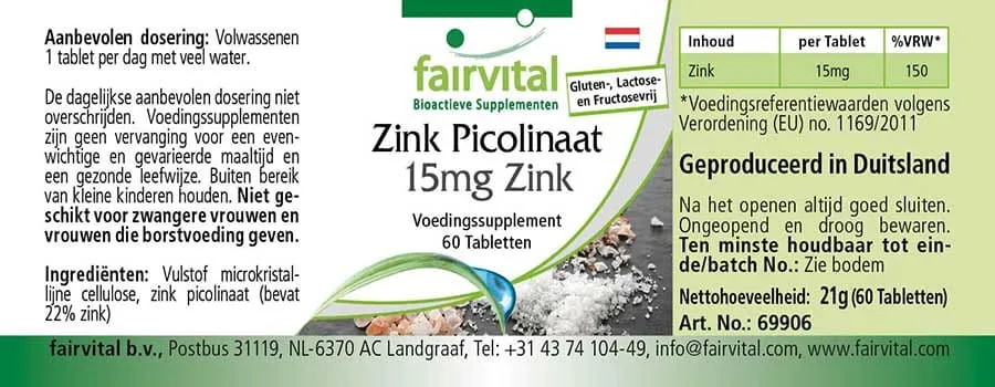 Zinkpicolinat mit 15mg Zink - 60 Tabletten - für Immunsystem, Sehkraft, Haare, Haut - Vegan | Fairvital