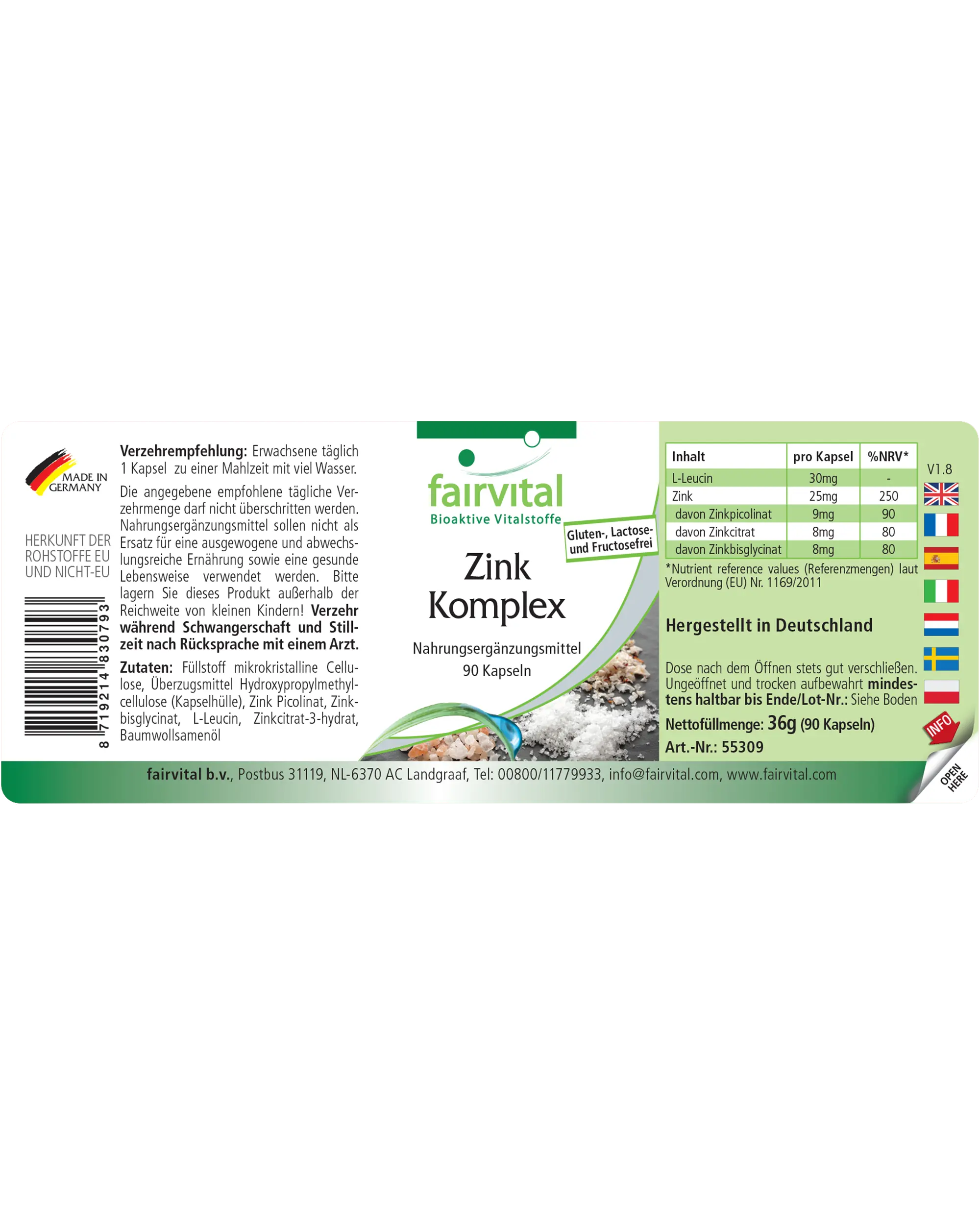 Zink Komplex 25mg - 90 Kapseln - für Immunsystem, Sehkraft, Haare uvm. - Vegan | Fairvital
