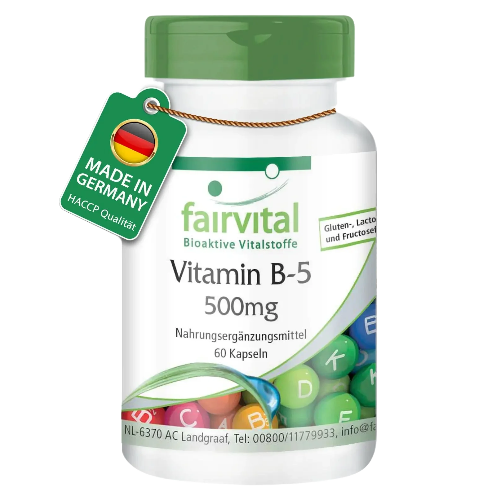 Vitamin B-5 500mg - 60 Kapseln - Pantothensäure - für geistige Leistung, gegen Müdigkeit | Fairvital