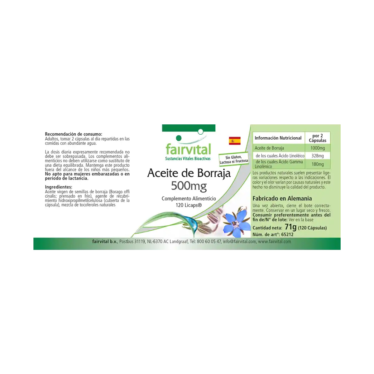 Borretschöl 500mg - 120 LiCaps® - kaltgepresst - reich an Gamma-Linolensäure (Omega-6) - Vegan | Fairvital