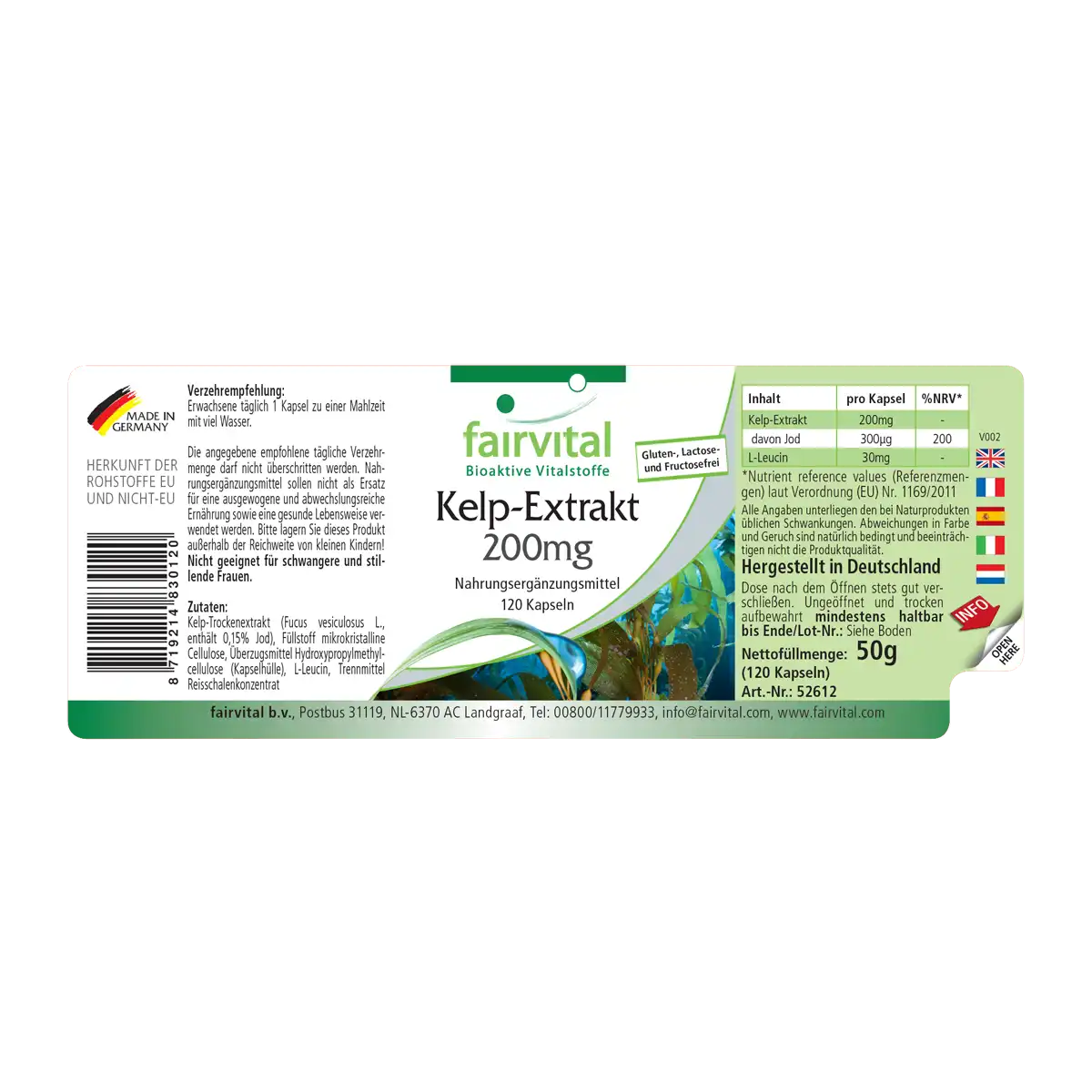 Kelp-Extrakt 200mg - 120 Kapseln - mit Jod - für Schilddrüse, Nervensystem, Haut uvm. | Fairvital