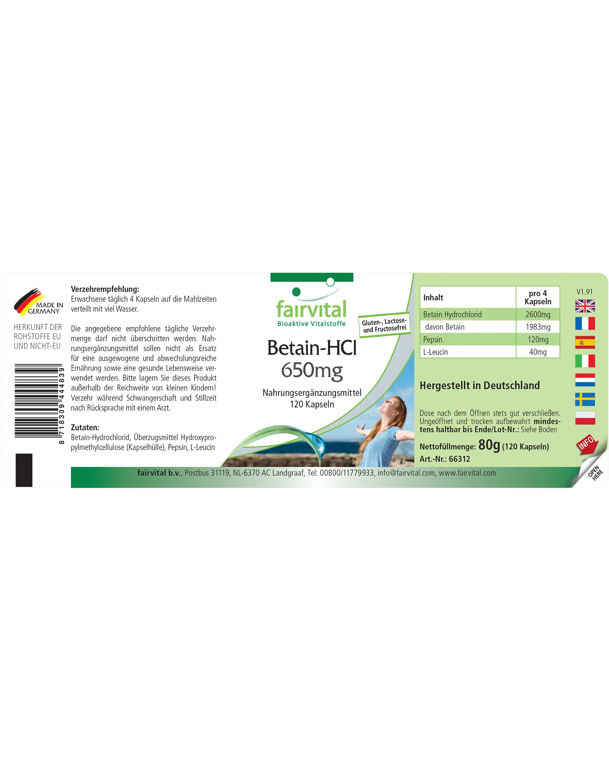 Betain HCL 650mg - 120 Kapseln - Betain Hydrochlorid Kapseln - Hochdosiert und Vegan | Fairvital