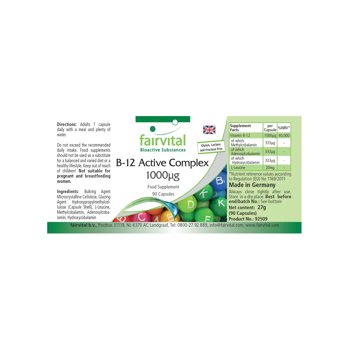 B-12 Aktiv-Komplex 1000µg - mit Vitamin B12 - 90 Kapseln - Vegan | Fairvital