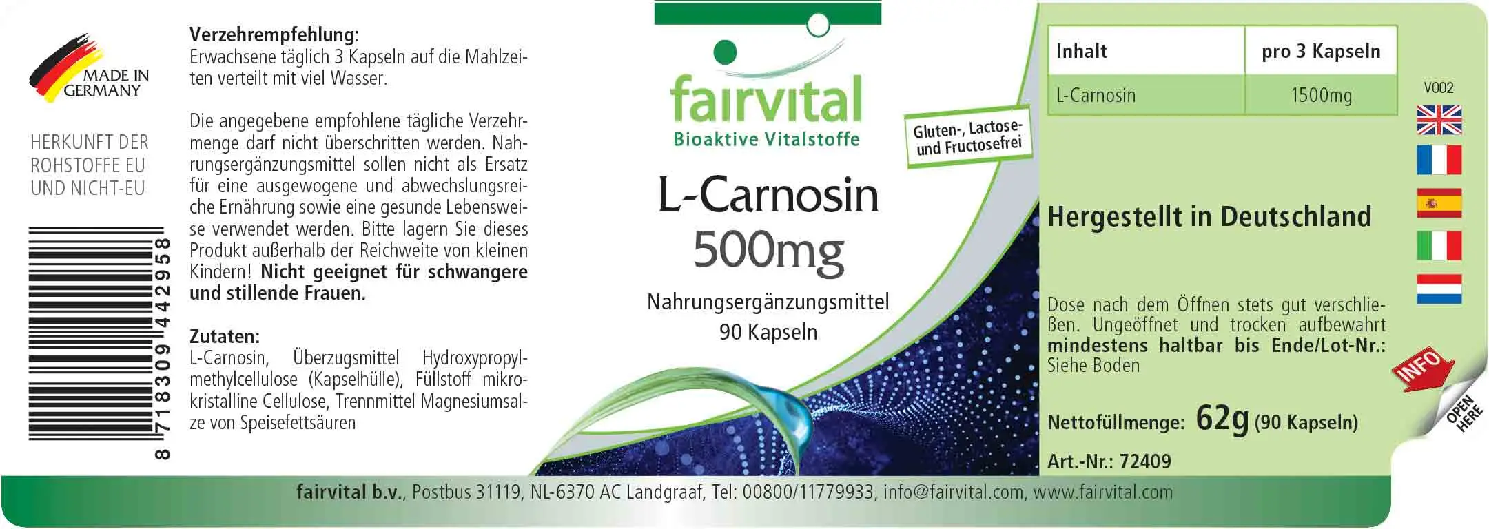 L-Carnosin 500mg - 90 Kapseln - Aminosäure - Hochdosiert und Vegan | Fairvital