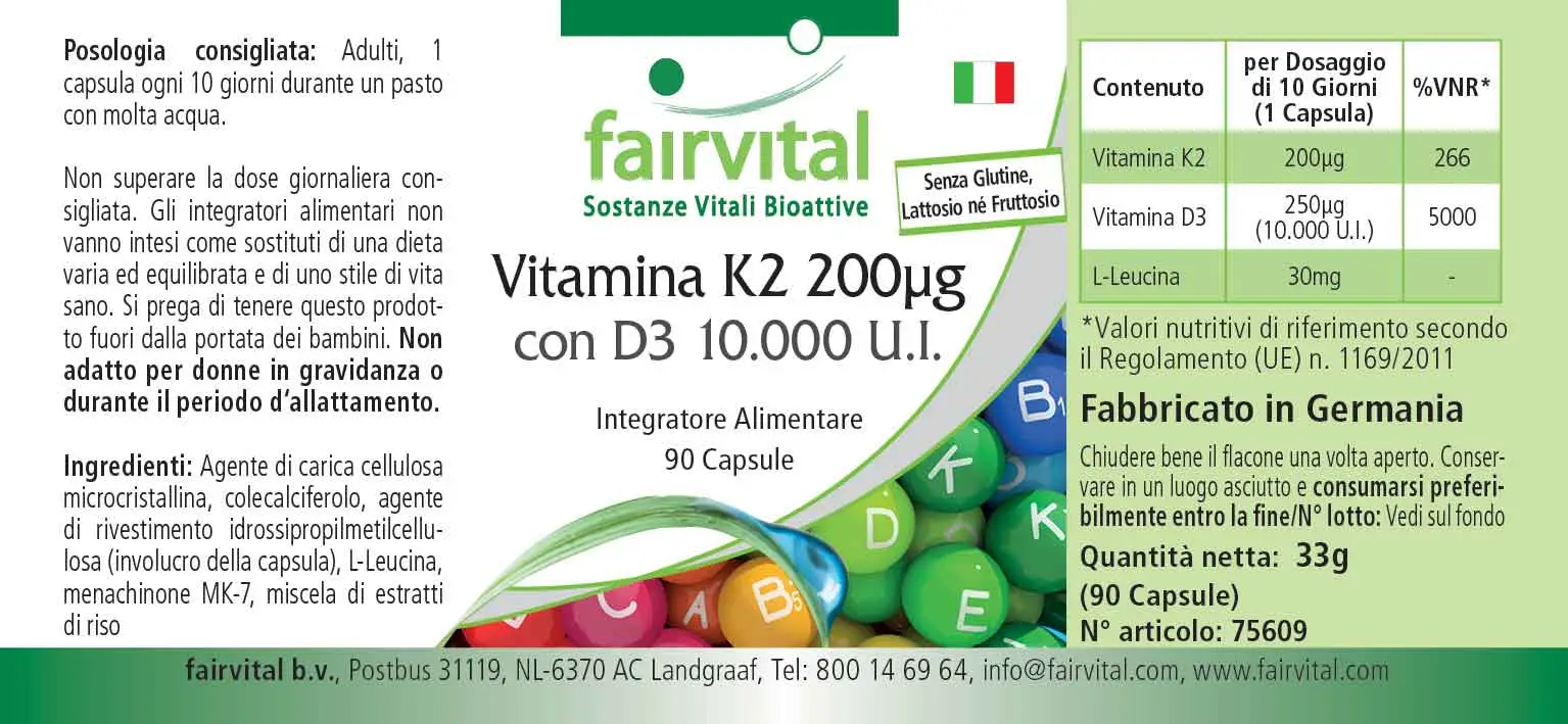Vitamin K2 200µg mit D3 10000 I.E. - 90 Kapseln - für Knochen, Blutgerinnung uvm. | Fairvital