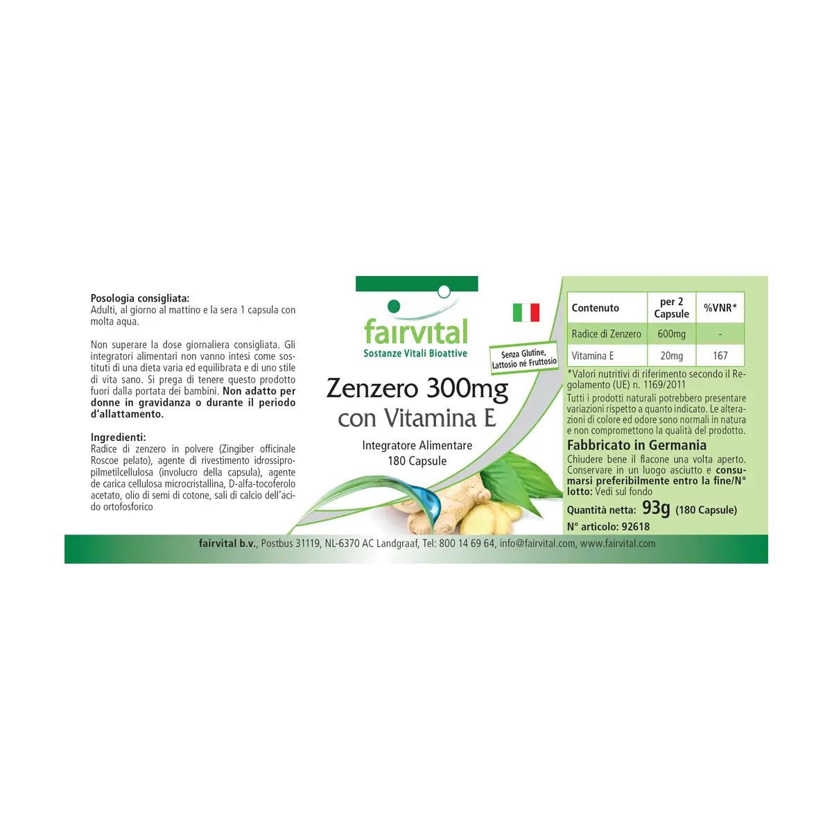 Ingwer 300mg mit Vitamin E - 180 Kapseln - Zellschutz - Hochdosiert und Vegan | Fairvital