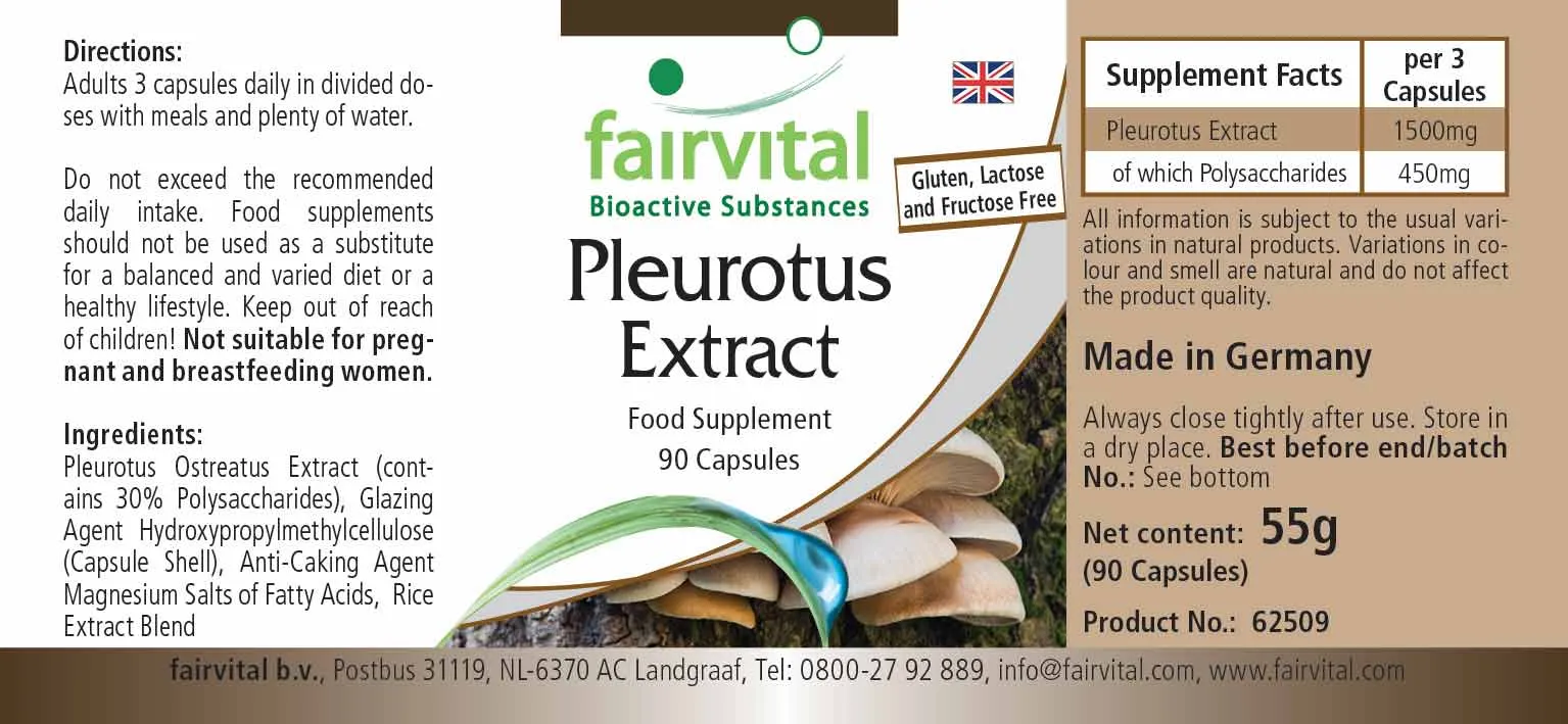 Pleurotus Extrakt - 90 Kapseln - Pleurotus ostreatus (Austernseitling) - 30% Polysaccharide - Vegan | Fairvital