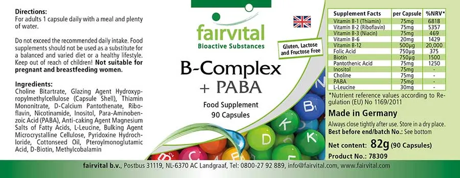 B-Komplex mit PABA - 90 Kapseln - mit allen B-Vitaminen (B6, B12,...) - für Immunsystem, Haut uvm. | Fairvital