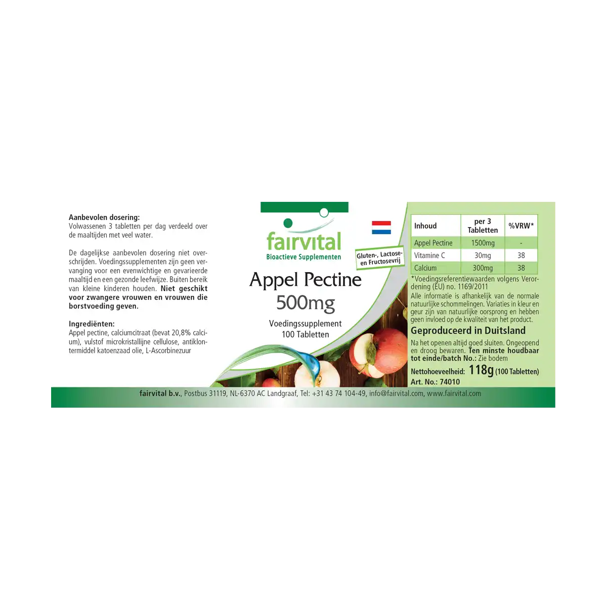 Apfelpektin 500mg - 100 Tabletten - mit Vitamin C, Calcium - für Knochen, Immunsystem uvm. - Vegan | Fairvital
