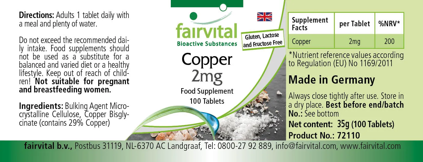 Kupfer 2mg - 100 Tabletten - für Immunsystem, Eisentransport uvm. - Vegan | Fairvital