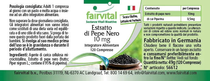 Schwarzer Pfeffer Extrakt 10mg - 120 Tabletten - 95% Piperin - Vegan | Fairvital