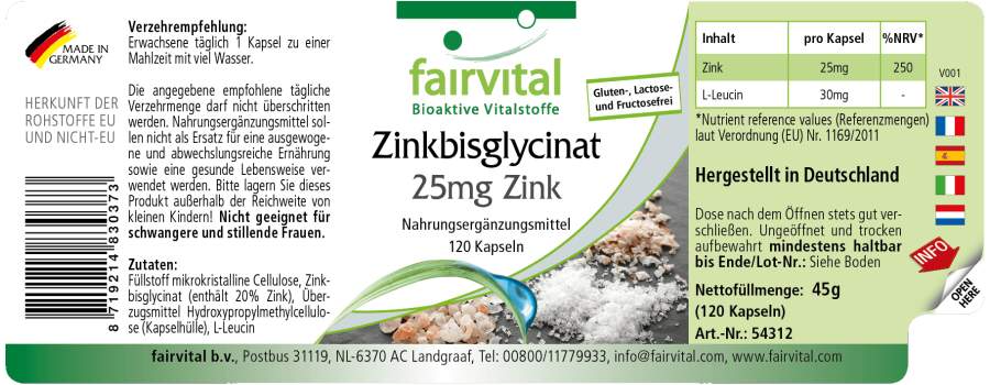 Zinkbisglycinat mit 25mg Zink - 120 Kapseln - für Immunsystem, Haar, Haut, Sehkraft uvm - Vegan | Fairvital Zinkbisglycinat mit 25mg Zink - 120 Kapseln - für Immunsystem, Haar, Haut, Sehkraft uvm - Vegan | Fairvital