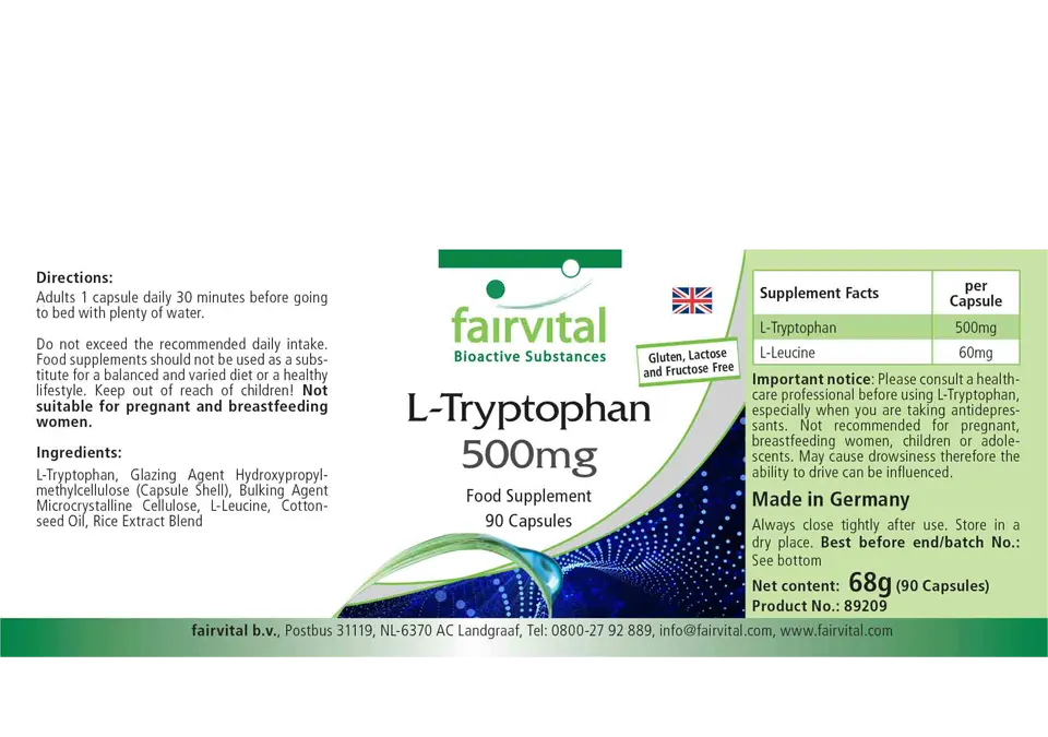 L-Tryptophan 500mg - 90 Kapseln - essentielle Aminosäure - Hochdosiert und Vegan | Fairvital