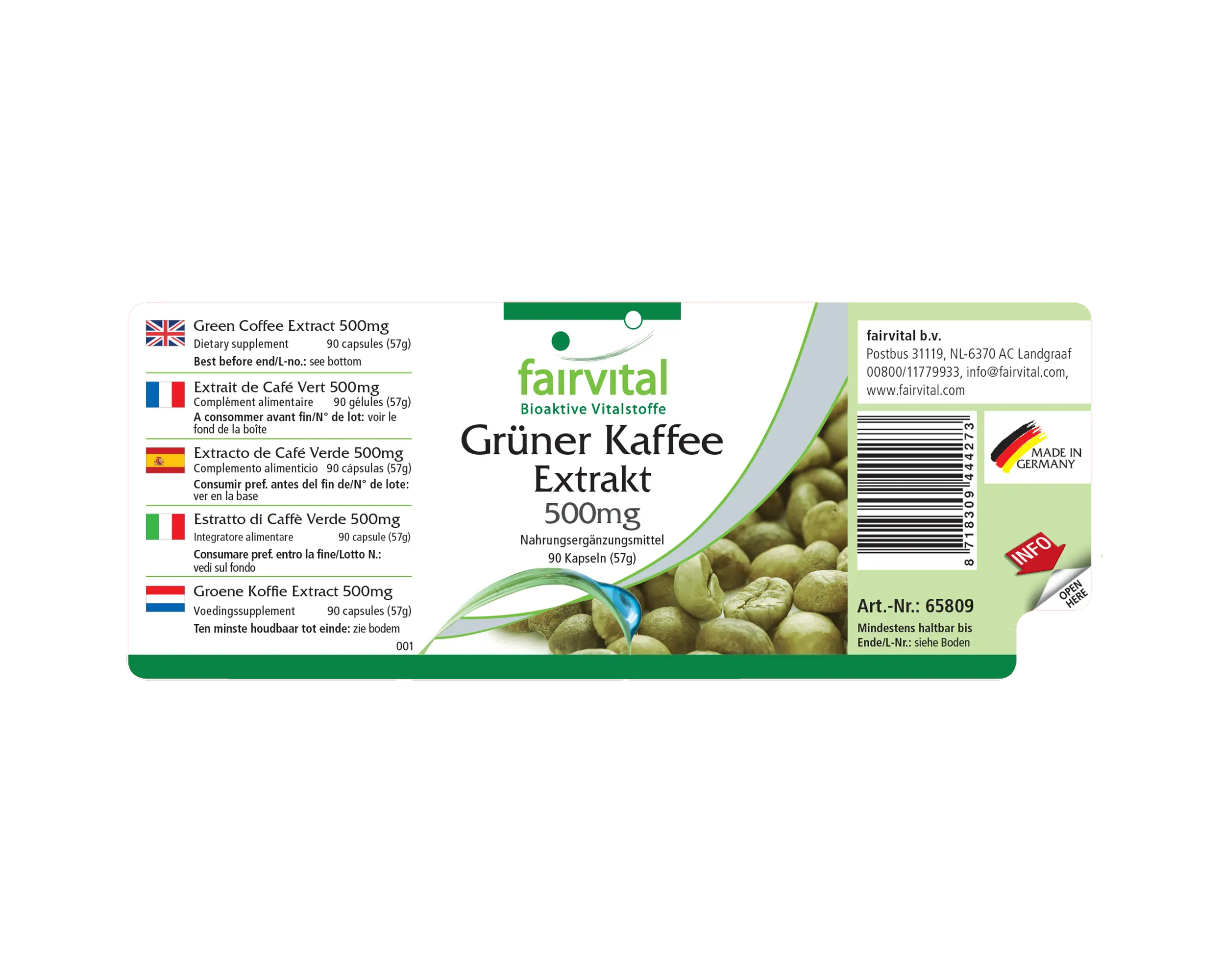 Grüner Kaffee Extrakt 500mg - 90 Kapseln - Standardisiert auf 45% Chlorogensäure - Hochdosiert und Vegan | Fairvital