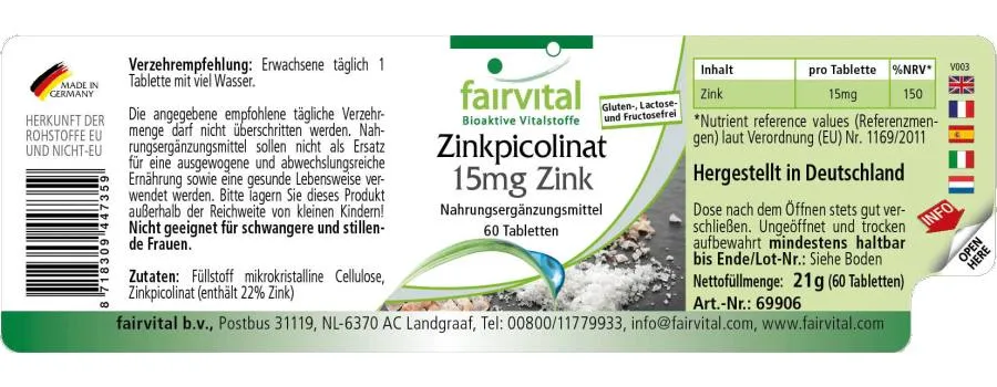 Zinkpicolinat mit 15mg Zink - 60 Tabletten - für Immunsystem, Sehkraft, Haare, Haut - Vegan | Fairvital