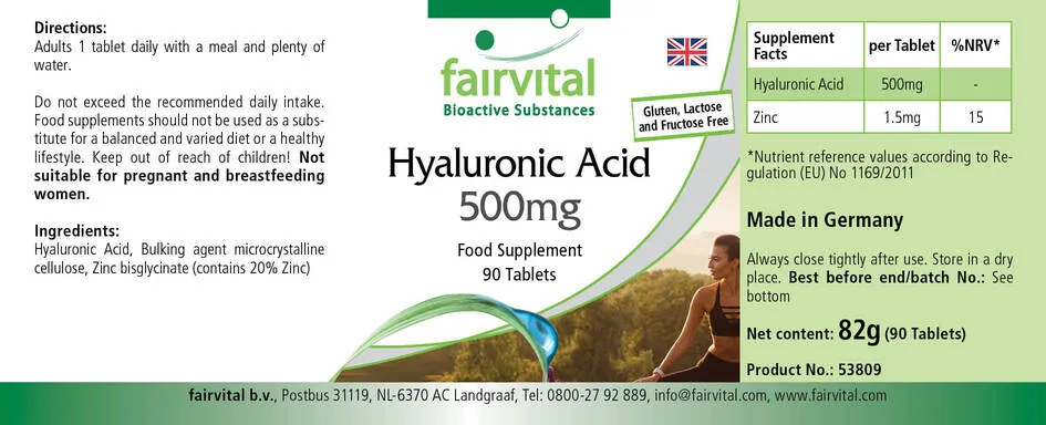 Hyaluronsäure 500mg - 90 Tabletten - mit Zink - für Sehkraft, Immunsystem uvm. - Vegan | Fairvital