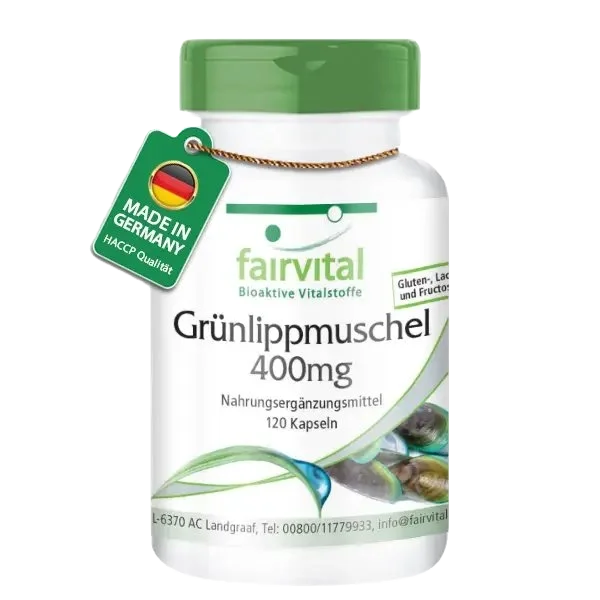 Grünlippmuschel 400mg - 120 Kapseln - mit Vitamin E - Hochdosiert | Fairvital Grünlippmuschel 400mg - 120 Kapseln - mit Vitamin E - Hochdosiert | Fairvital
