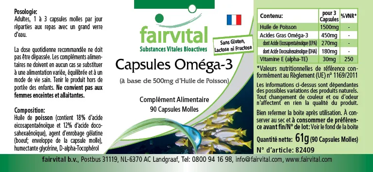 Omega-3-Kapseln aus 500mg Fischöl - 90 Softgels - für Blutdruck, Herz und Zellschutz | Fairvital