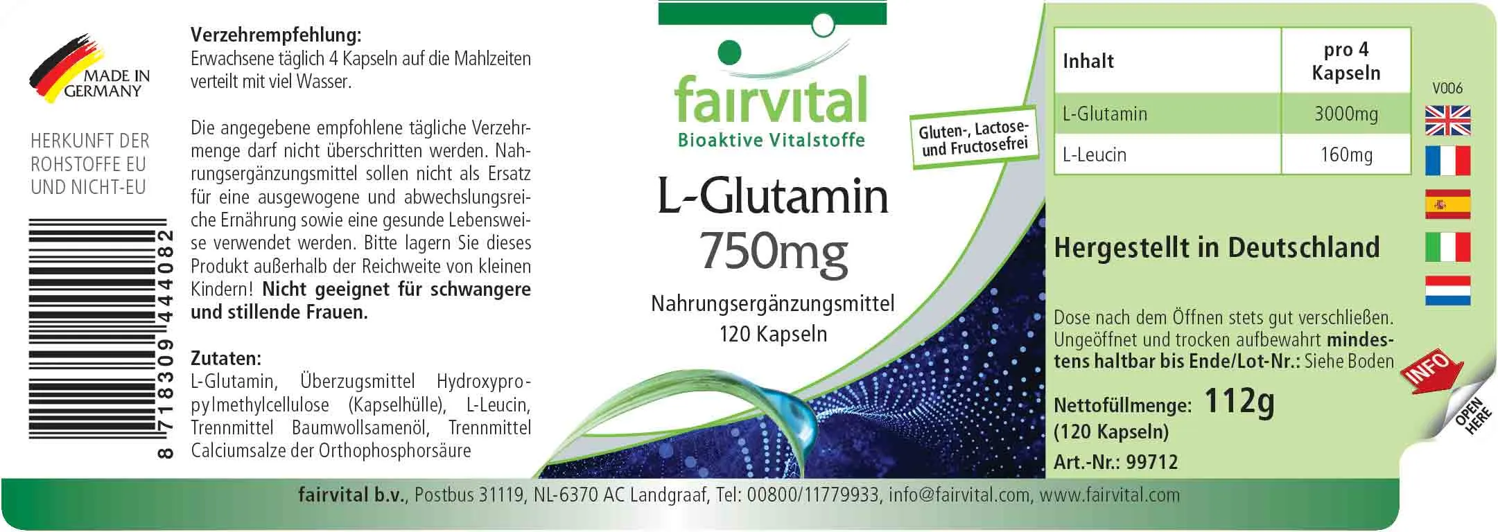 L-Glutamin Kapseln 750mg - 120 Kapseln - Hochdosiert- Vegan- freie Form der Aminosäure | Fairvital