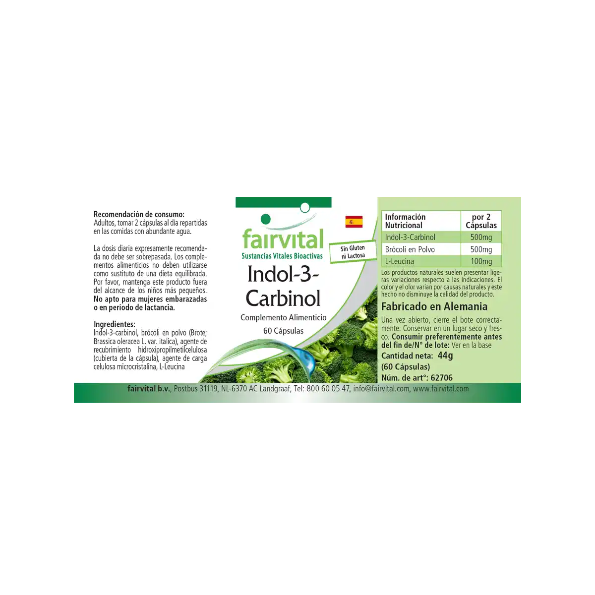 Indol-3-Carbinol - 60 Kapseln - I3C Kapseln mit Brokkoli-Pulver - Hochdosiert und Vegan | Fairvital