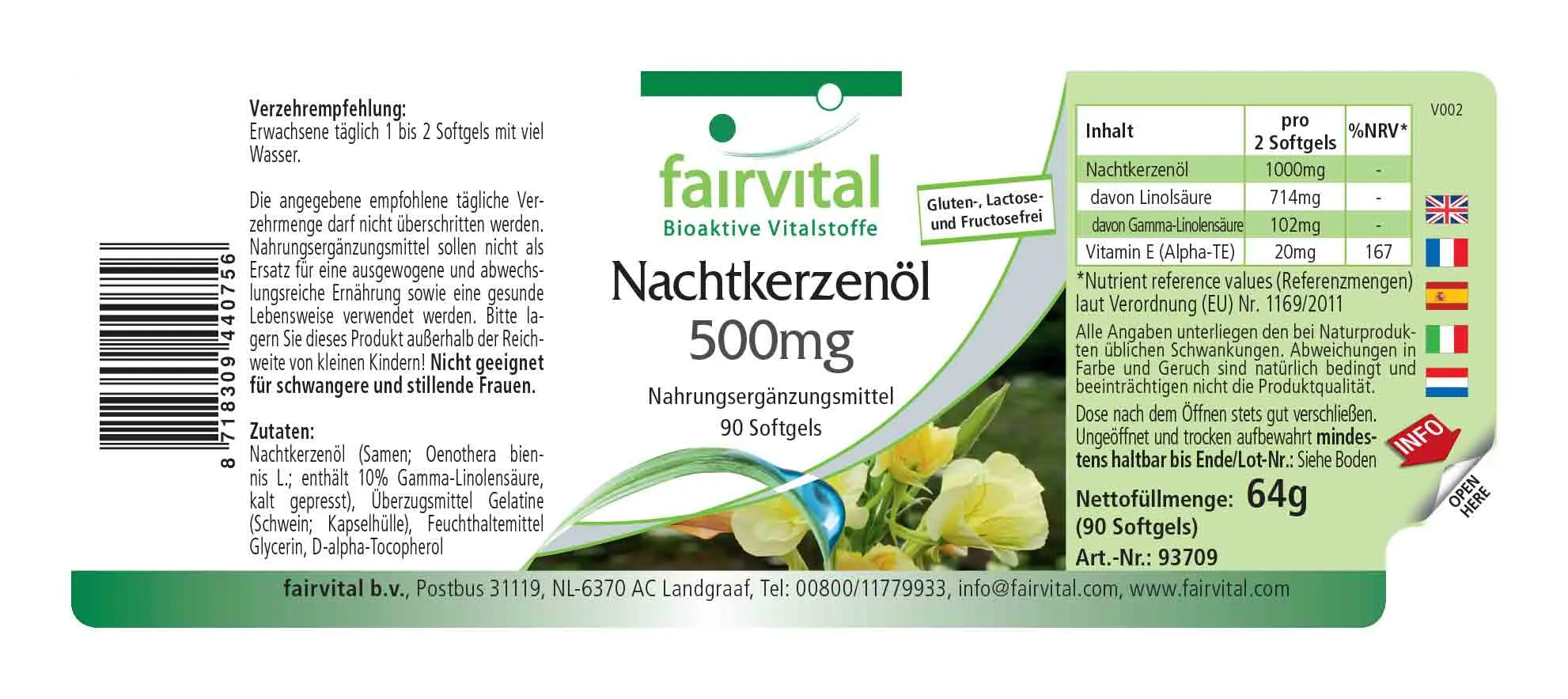 Nachtkerzenöl 500mg-120 Kapseln-Hochdosiert-Vegan | Fairvital Nachtkerzenöl 500mg-120 Kapseln-Hochdosiert-Vegan | Fairvital