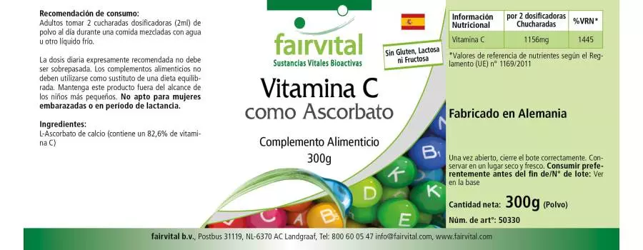 Vitamin C als Ascorbat - 300g Pulver - für Immunsystem, Kollagenbildung uvm. - Vegan | Fairvital