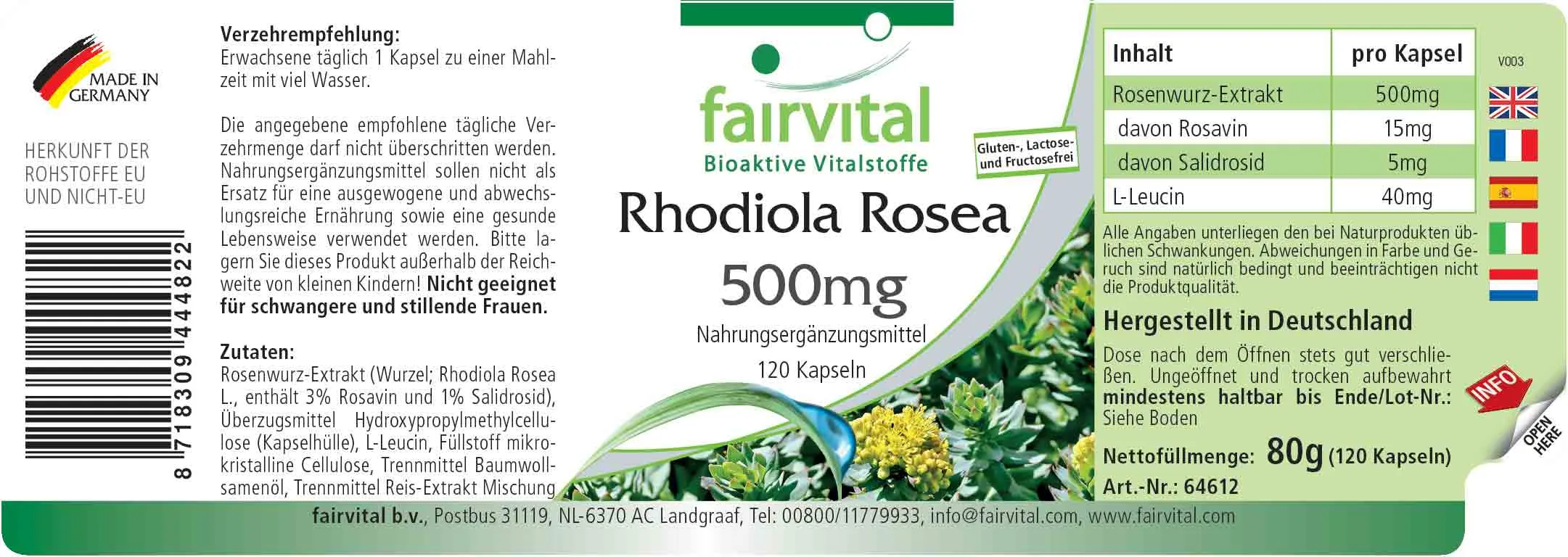 Rhodiola Rosea 500mg - 120 Kapseln - Rosenwurz Wurzel Extrakt - Hochdosiert und Vegan | Fairvital