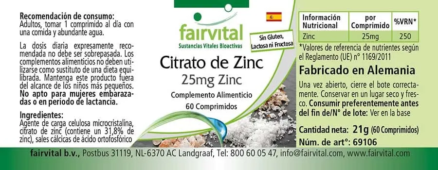 Zinkcitrat mit 25mg Zink - 60 Tabletten - für Immunsystem, Haut, Haare, Sehkraft uvm. - Vegan | Fairvital