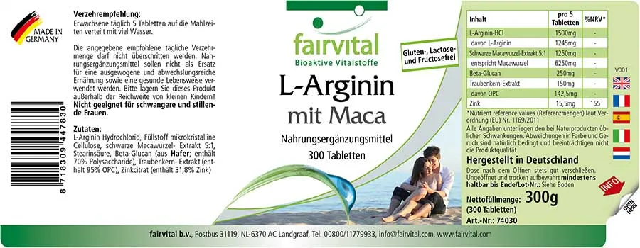 L-Arginin mit Maca - 300 Tabletten - mit Zink - für Immunsystem, Haar, Sehkraft uvm. - Vegan | Fairvital