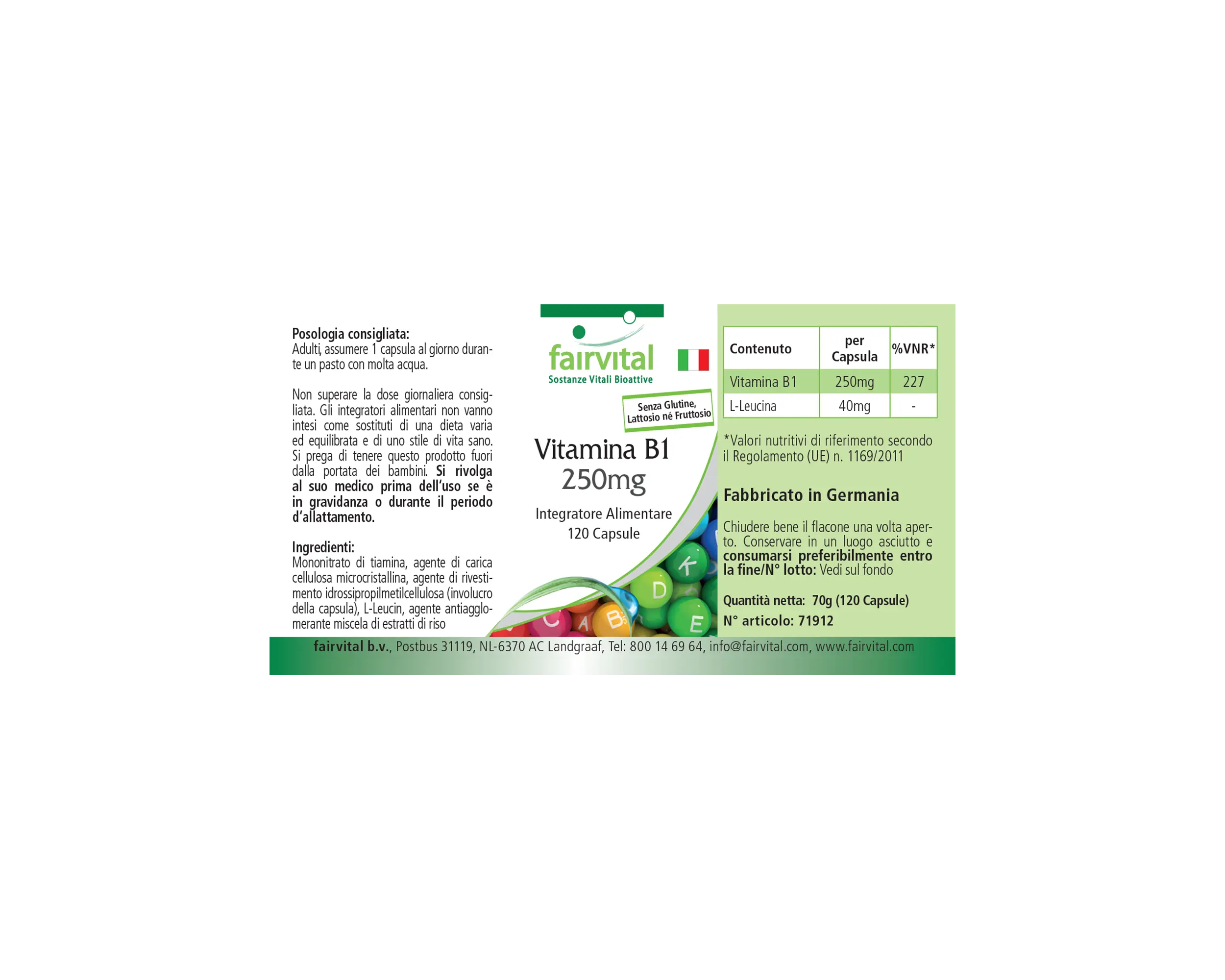 Vitamin B1 250mg - 120 Kapseln - Thiamin - für Herz, Nervensystem uvm. - Hochdosiert | Fairvital