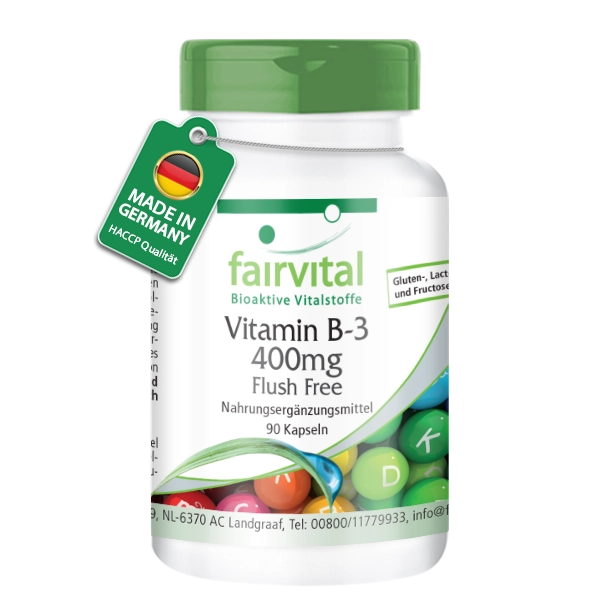 Vitamin B-3 Flush Free - 90 Kapseln - für Haut, Nervensystem, Energiestoffwechsel uvm. - abgedeckter Bedarf - Vegan | Fairvital