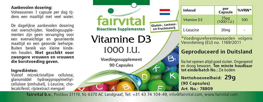 Vitamin D3 1000 I.E. - 90 Kapseln - für Immunsystem, Zellteilung, Muskelfunktion uvm. | Fairvital