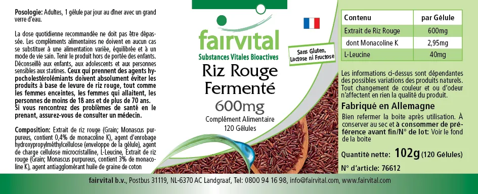 Fermentierter Roter Reis 600mg - 120 Kapseln - Monascus purpureus - mit Monacolin K - Vegan | Fairvital