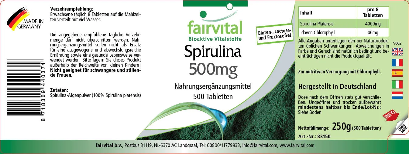 Spirulina 500mg - 500 Tabletten - Spirulina platensis - Hochdosiert und Vegan | Fairvital Spirulina 500mg - 500 Tabletten - Spirulina platensis - Hochdosiert und Vegan | Fairvital