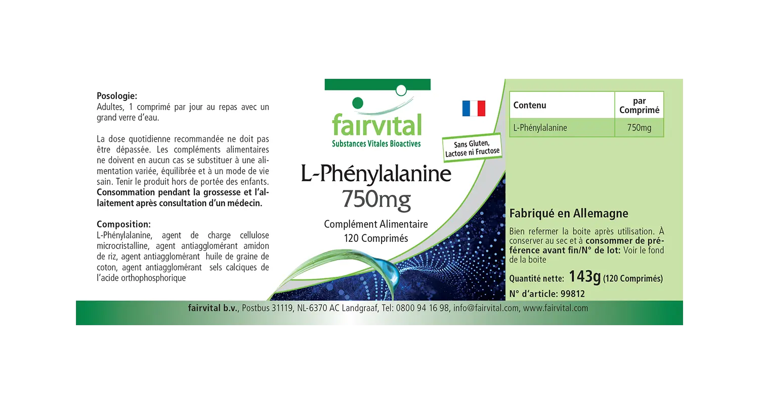 L-Phenylalanin 750mg - 120 Tabletten - Hochdosiert - Vegan - essentielle Aminosäure | Fairvital L-Phenylalanin 750mg - 120 Tabletten - Hochdosiert - Vegan - essentielle Aminosäure | Fairvital